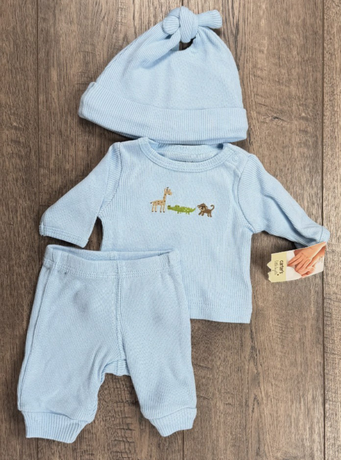 Baby Boy Clothes New Vintage Carter’s Preemie 3pc Safari Animals Outfit W/hat