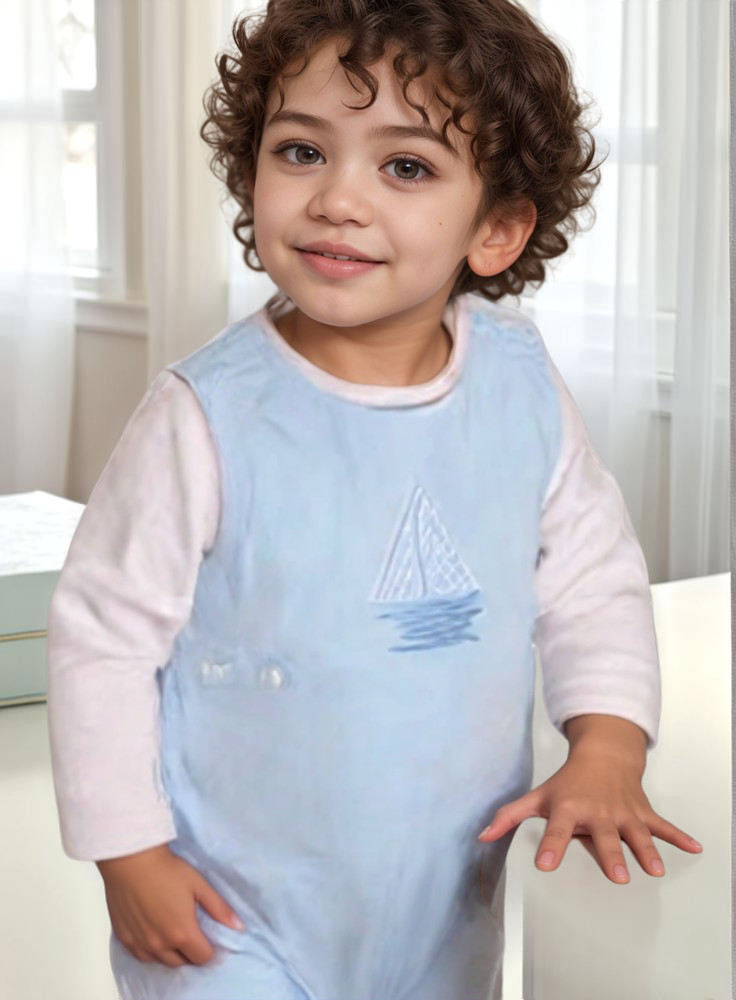 Light Blue Boy Boat Embroidered Shortall
