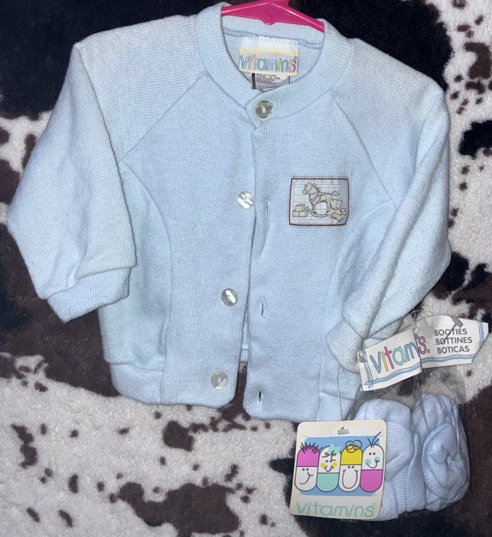 Y2K vintage Vitamins Blue 3pc Knit Outfit Set 0-3M Sweater Pants Booties w bear