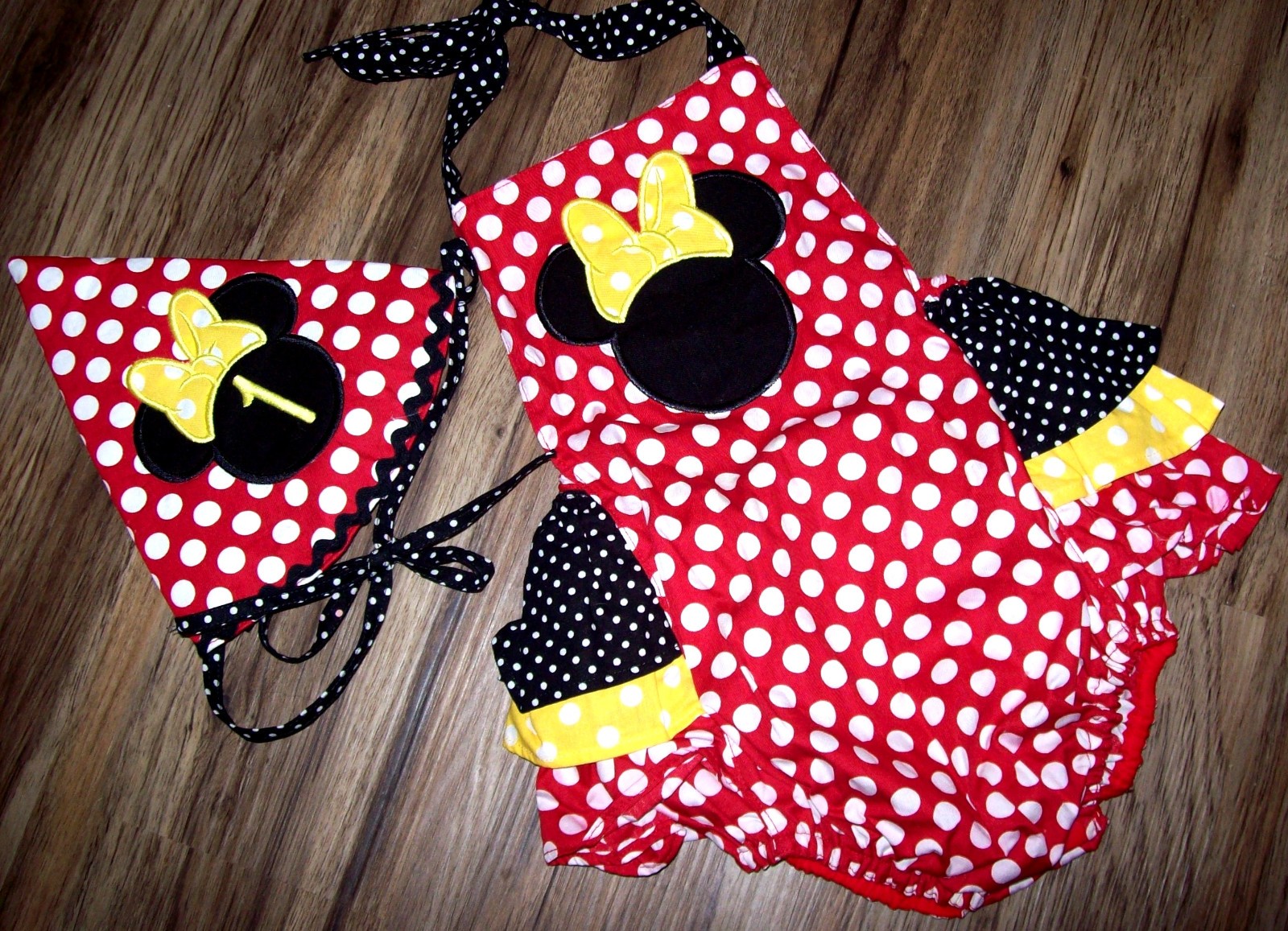 Girl 12-18 M: FIRST BIRTHDAY Disney Minnie Mouse Set 100% Cotton Sunsuit & Hat