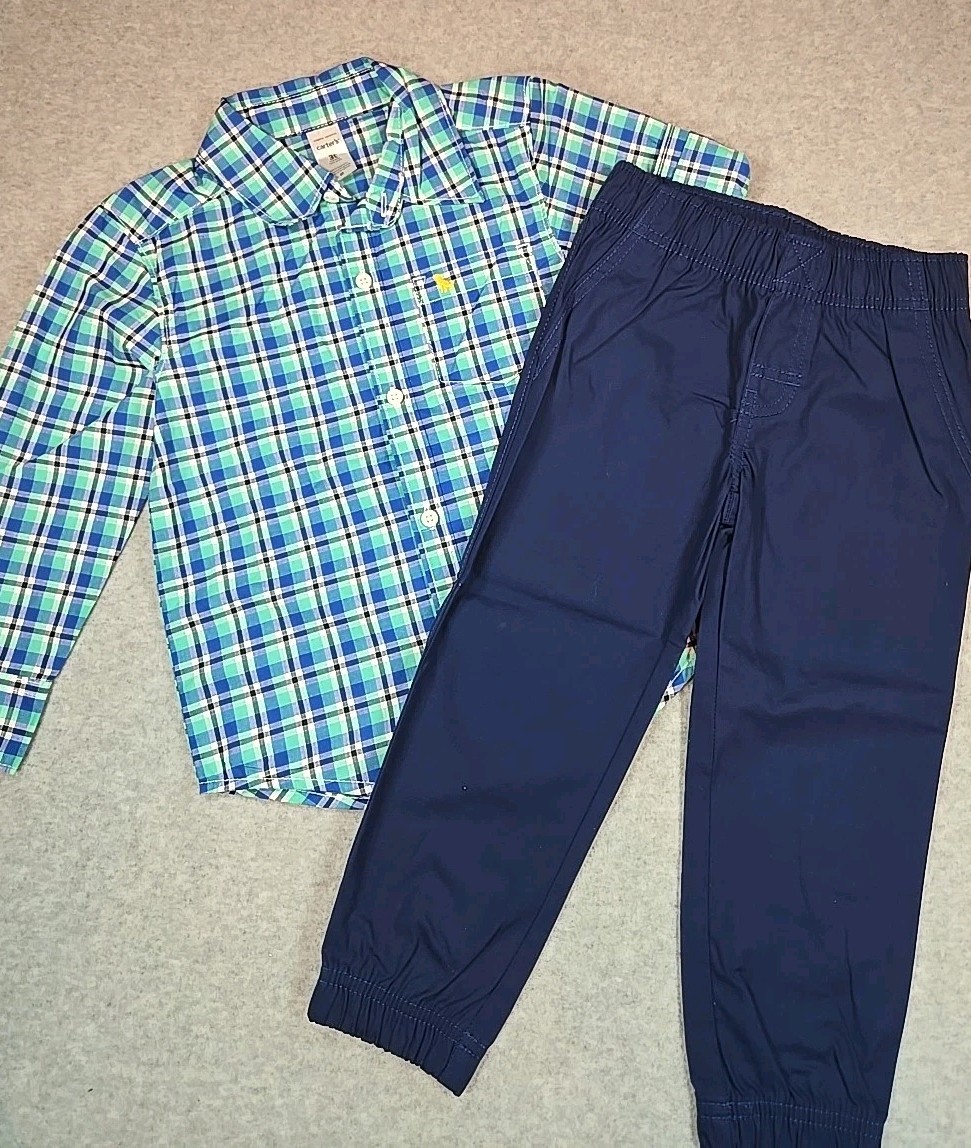 Carter’s Toddler Boys 3T 2 pc Set Plaid Button Down Top & Jogger Pant Outfit NWT