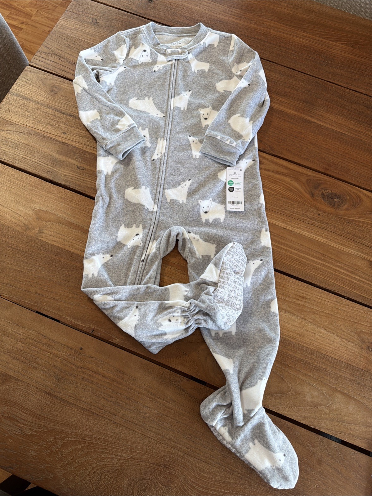 Carter’s Fleece Gray Polar Bear Footed One piece Full Zip 3t Unisex NWT. B1