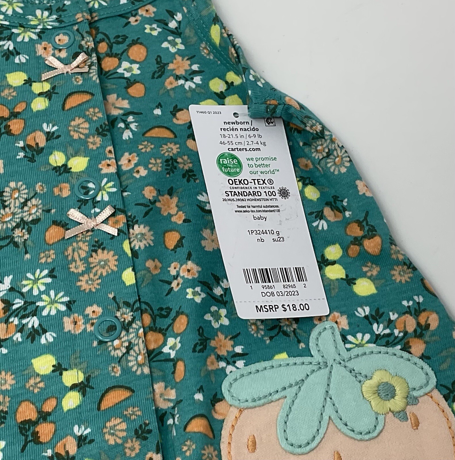 Carter’s NEWBORN Baby Girl One Piece Green & Peach Floral Outfit