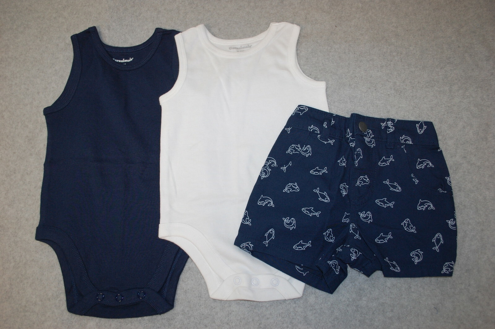 Baby Boys 3 PC SUMMER LOT Tank Tops NAVY BLUE & WHITE Woven Shark Shorts 3-6 MO