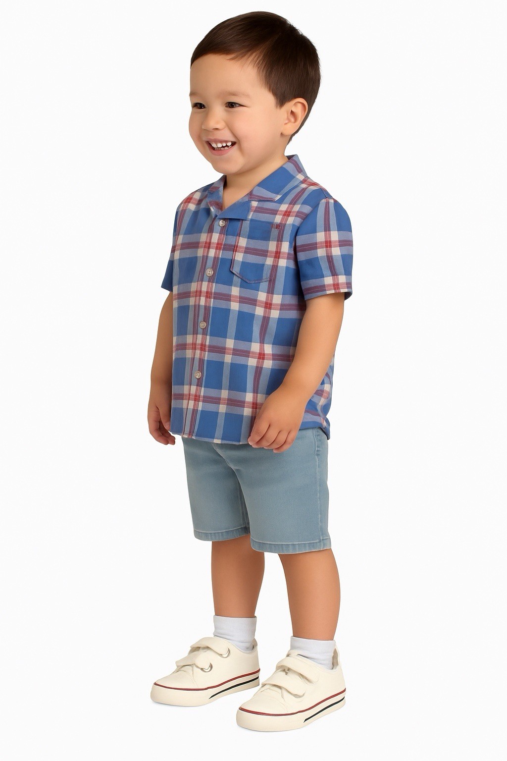 Koala Kids Toddler Boys 6T 2pc Outfit Set Plaid Linen Cotton Shirt Denim Shorts