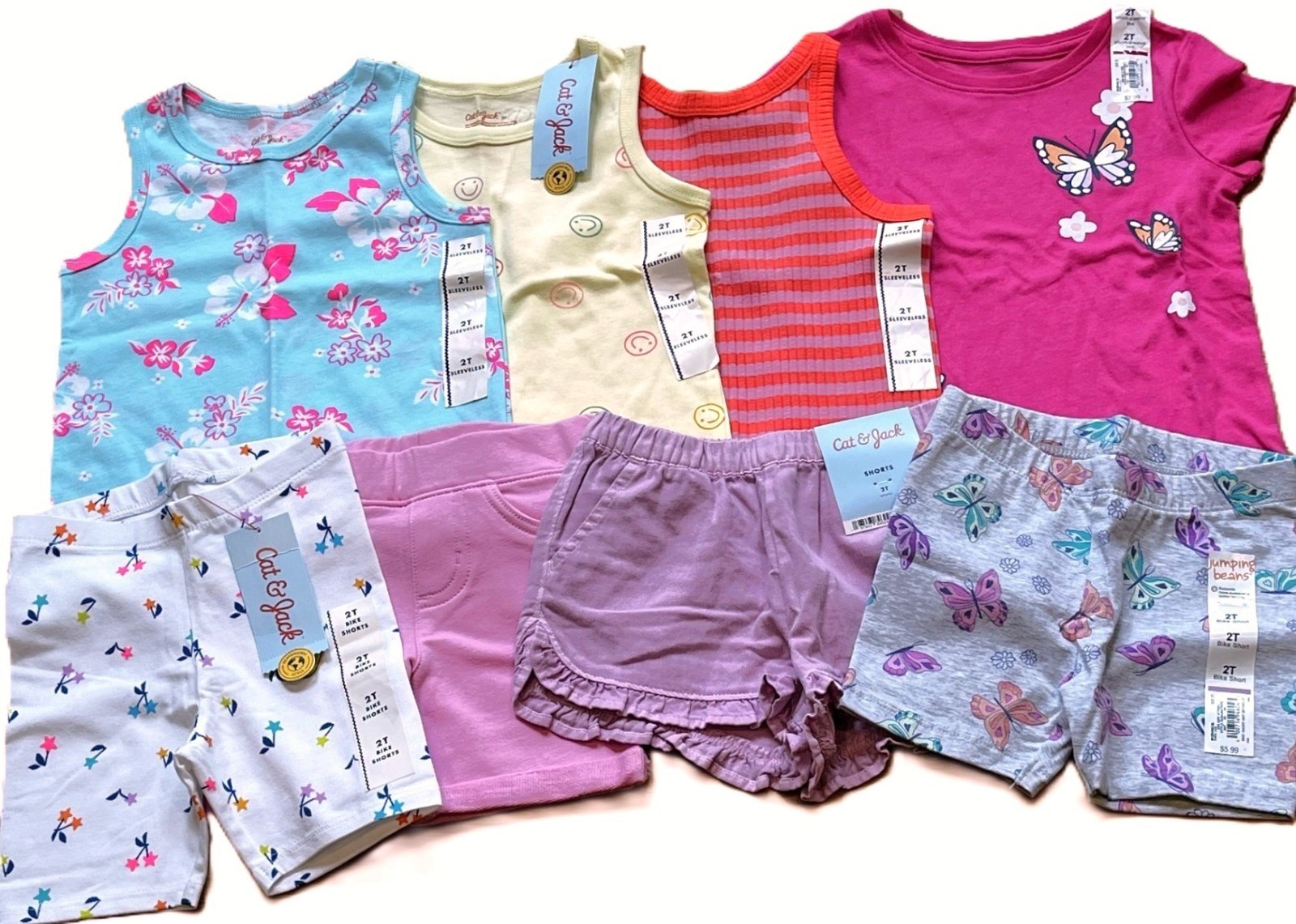 New 8 Piece Cat & Jack & Jumping Beans Tank Tops T Shirt & Shorts Outfits 2T NWT