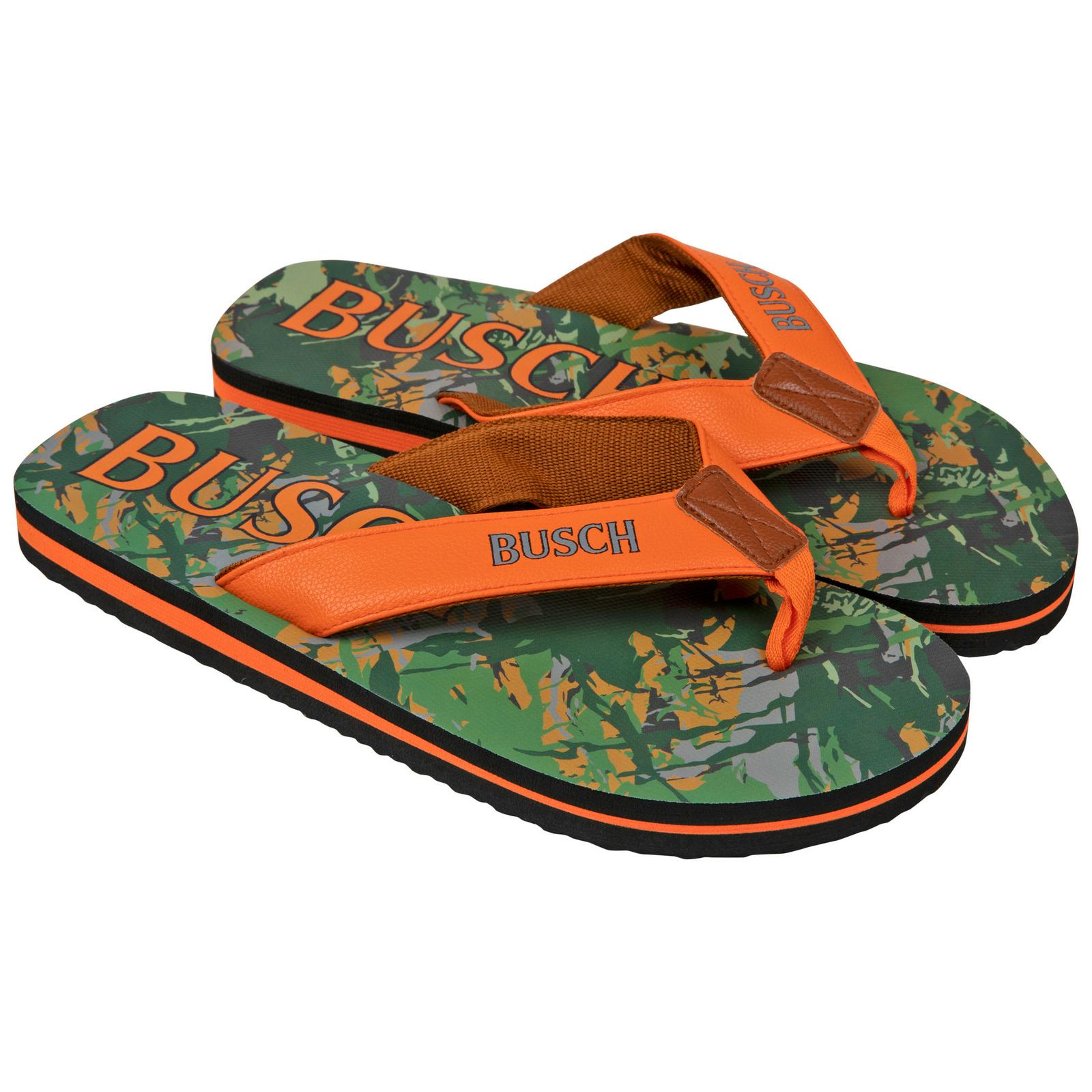 Busch Hunter Orange Text Logo Tree Camo Men’s Flip Flop Sandals Multi-Color