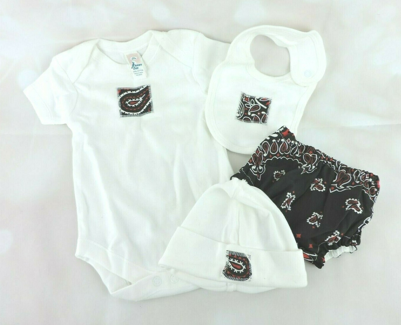 Infant Outfit 0-3 Months 4 Piece Set Black Red Paisley Diaper Cover Hat Baby New