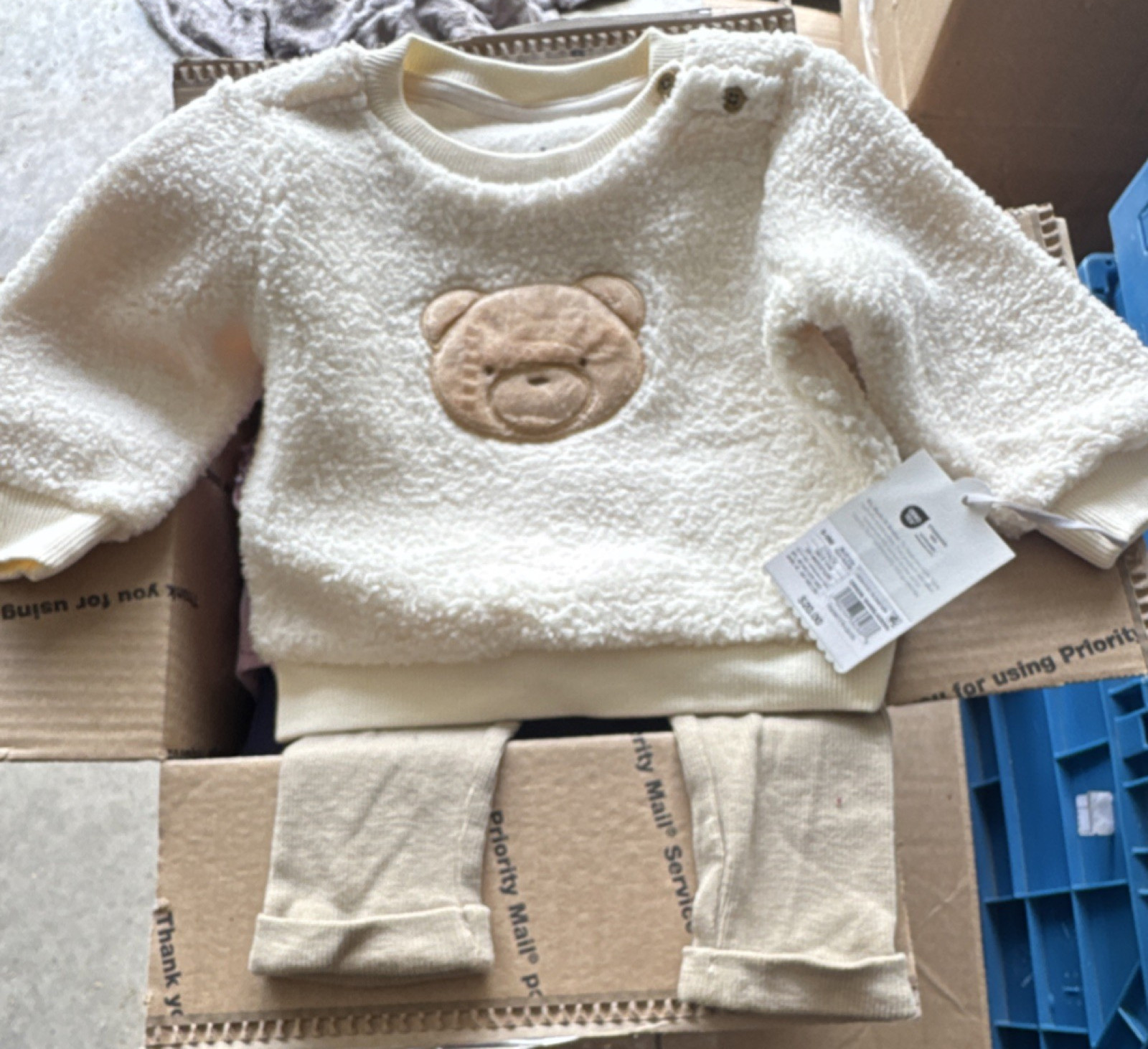 2 Piece Beige Bear Embroidered Pants Set, 6-9 Months, Long Sleeve, Casual