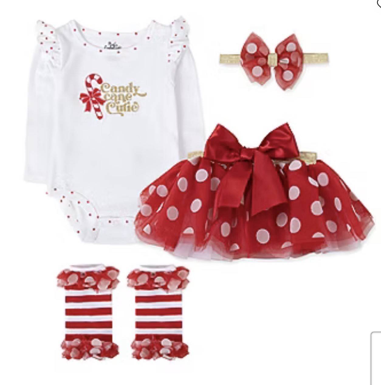 Baby Essentials – Baby Girls Candy Cane Cutie Outfit, 4 Piece Set, 3M, White/Red