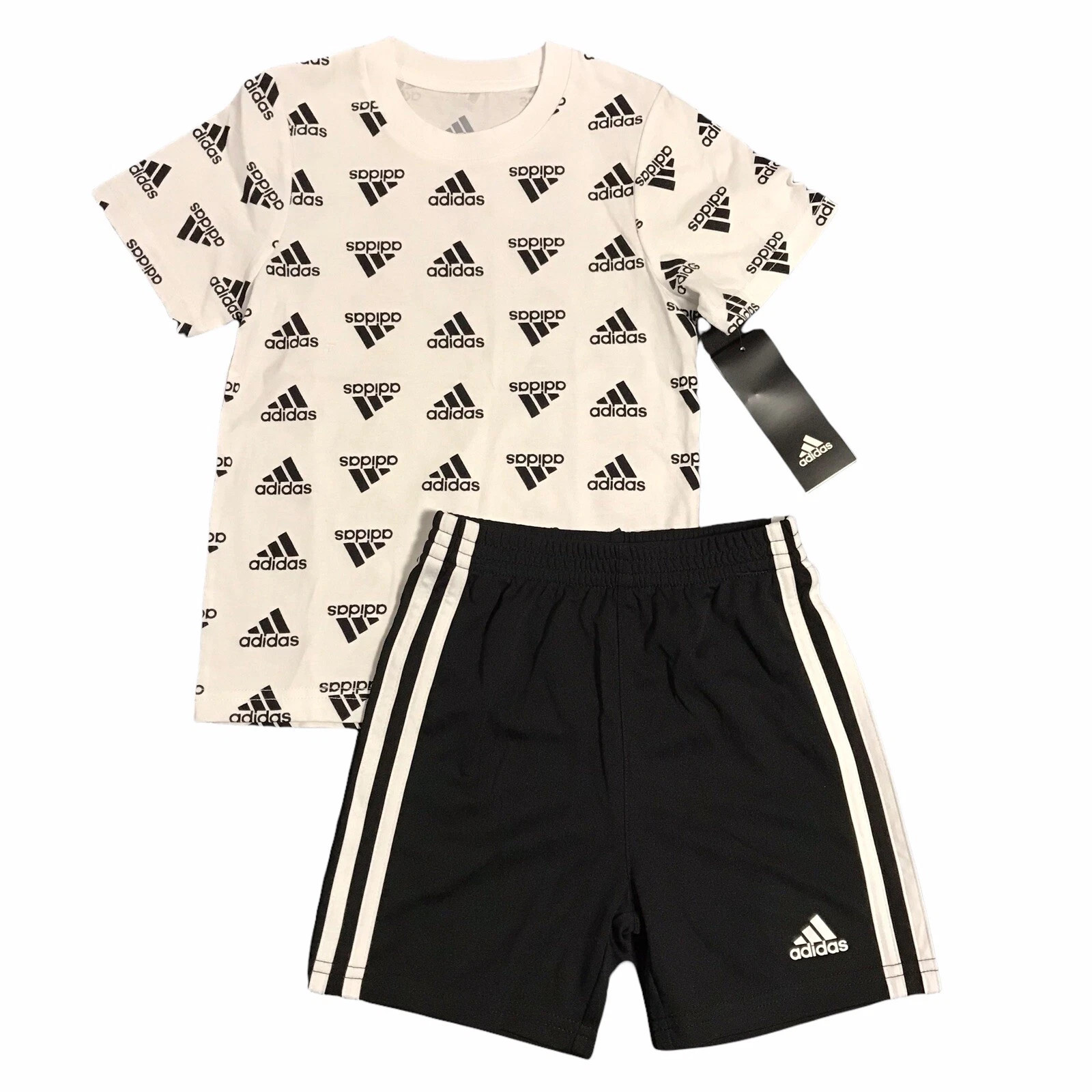 adidas Baby Boys 2pc T-Shirt & Shorts Outfit Set Size 12M Black-White Crew Neck