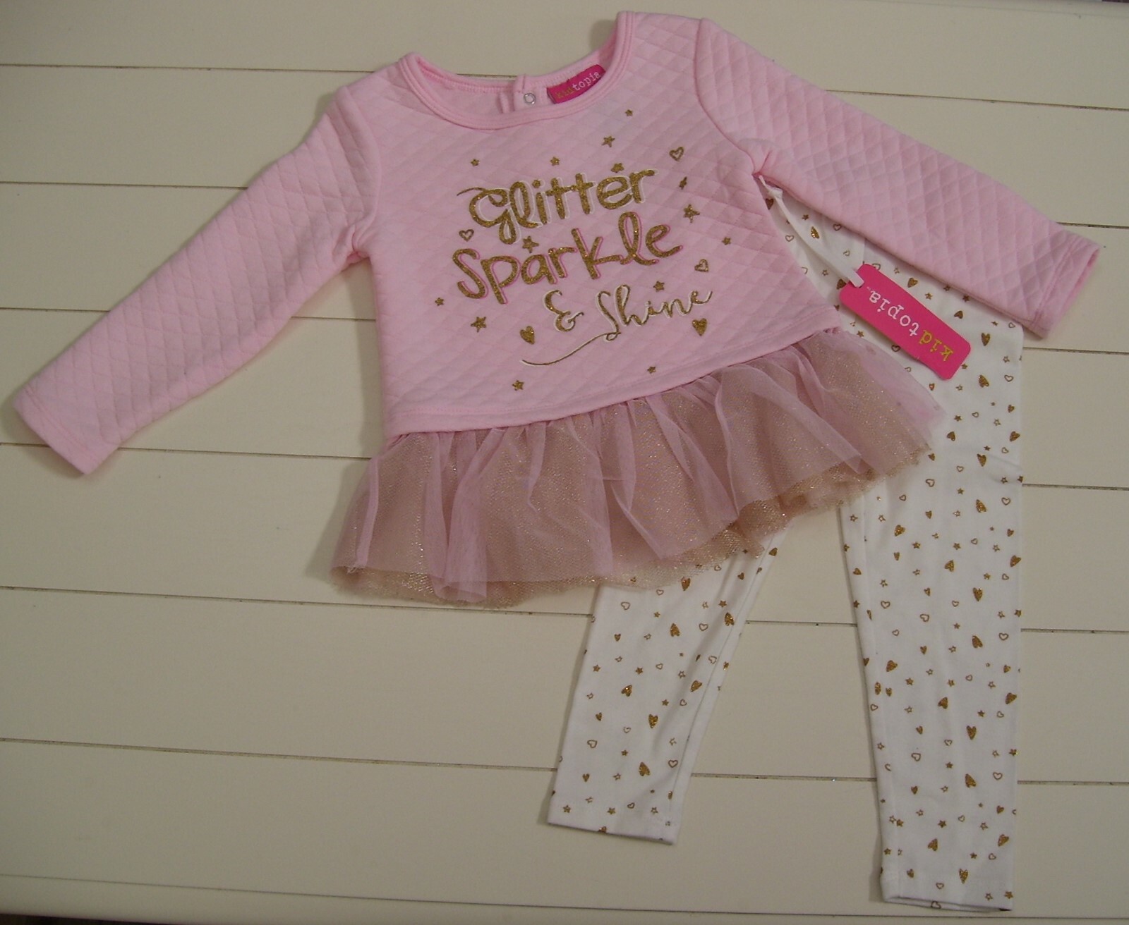 Kidtopia Pink Gold 2 Pc Glitter Sparkle Shine Shirt Heart Legging Outfit Sz 24M