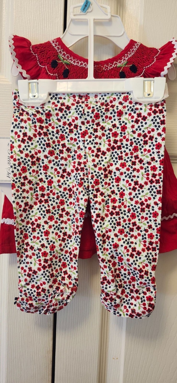 New Baby Girl Hartstrings Smocked Ric Rac Red Cherry Floral Top Pants Set 6/9 M