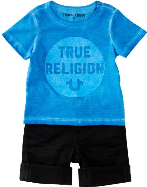 NEW TRUE RELIGION BABY BOYS BLUE LOGO TEE T-SHIRT WITH SHORTS 2PC GIFT SET 12M