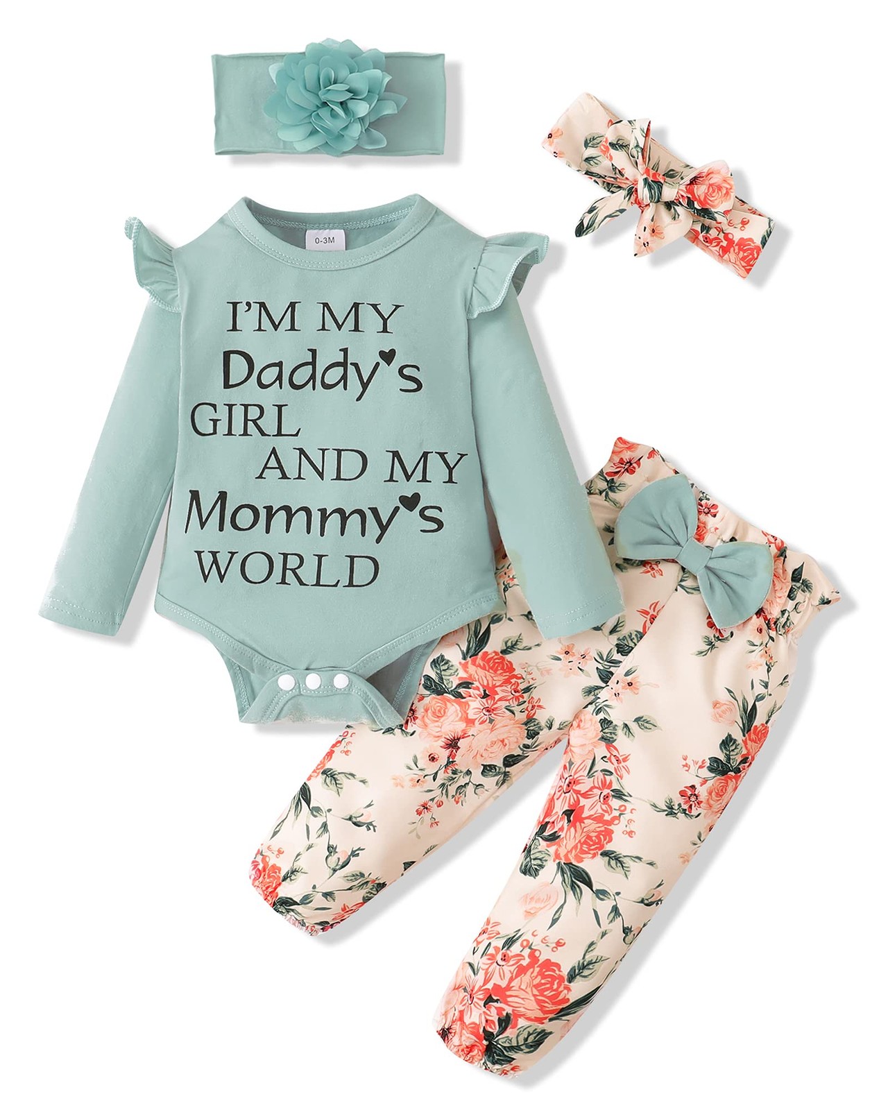 4PC SET 0-3 Months Infant Girl Outfit Clothing Pants Set Headband GREEN