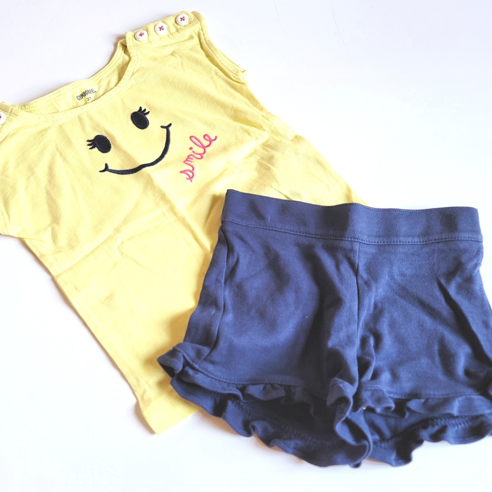 Gymboree 2T Cape Cod Cutie Yellow Smile Face Tee navy Shorts Set NWT Vintage