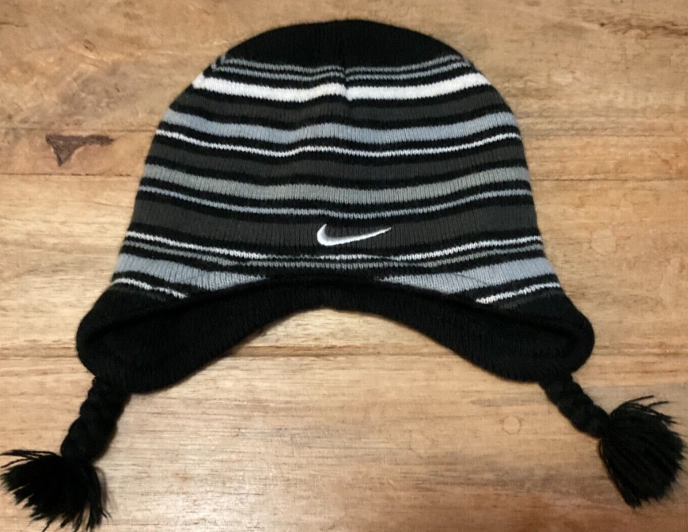 NIKE TODDLER PIGTAIL KNIT BEANIE CAP BLACK GREY WHITE PREOWNED