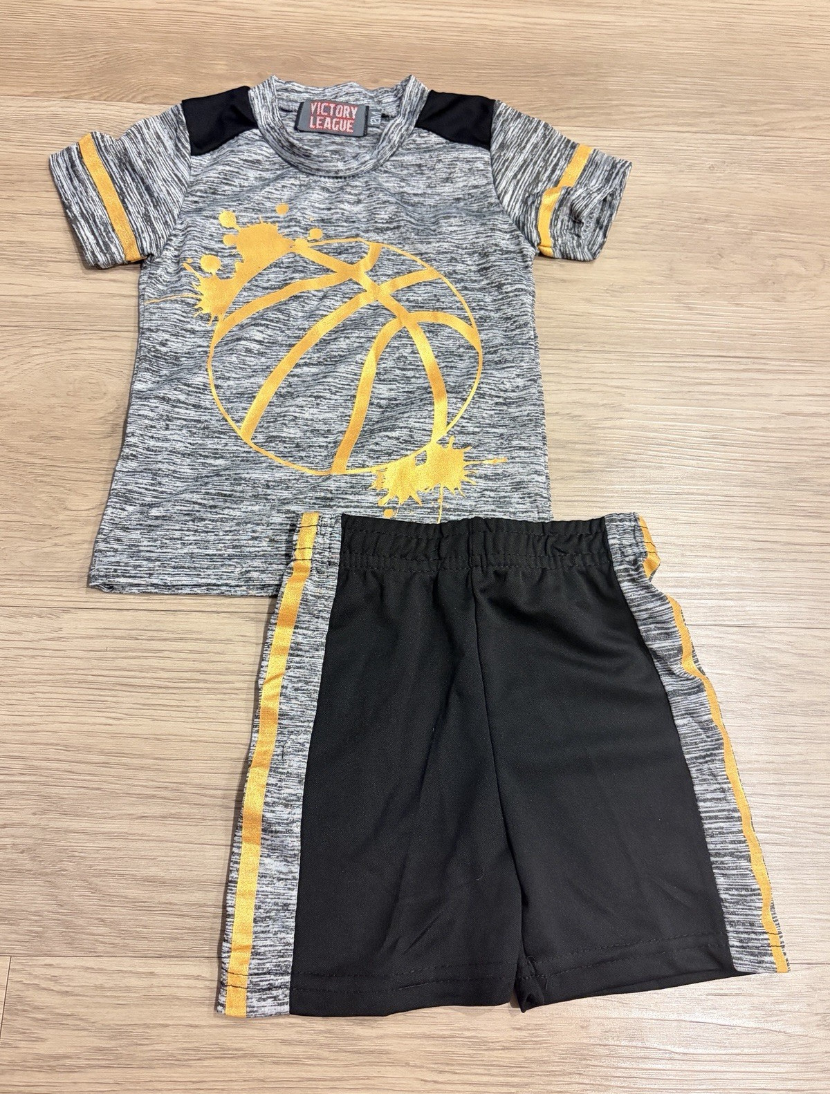 Victory League Boys 12M 2-Piece Jersey Shorts Set Gray/Black Basketball Graphic