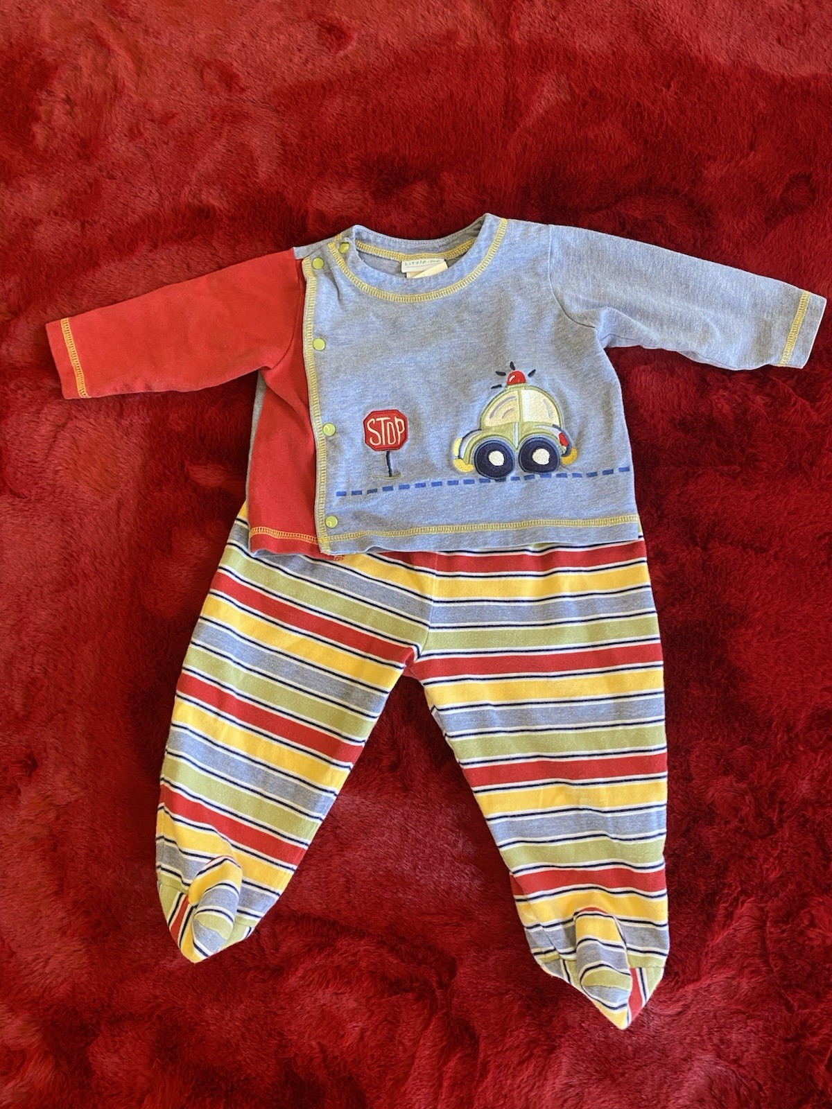 Little Me Baby Boy 2 piece outfit Multi colored Blue Footed Long-sleeved 9 mo.