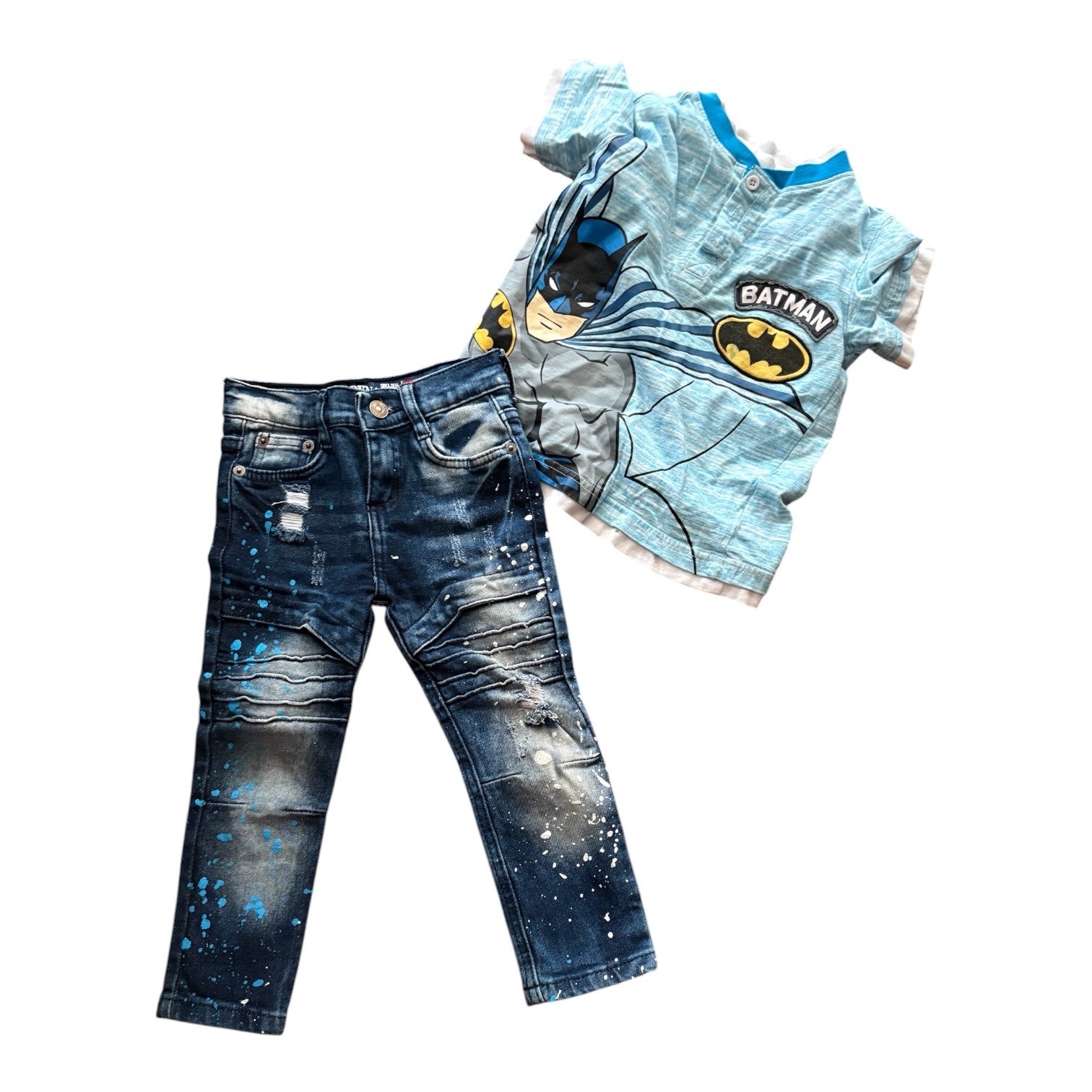 Batman Henley Shirt and Iron Dynasty Distressed Paint Splatter Moto Jeans Set 4T