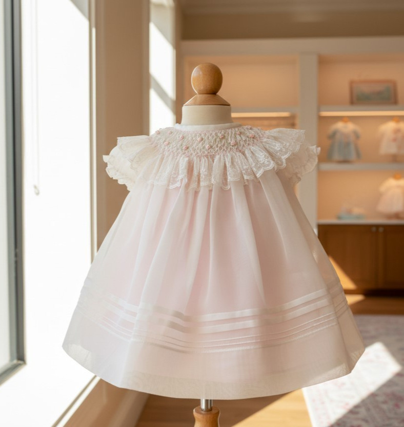 NWT Will’beth Ivory Pink Sheer Pearl Smocked Bishop Dress 3 Months Baby Girls 3M