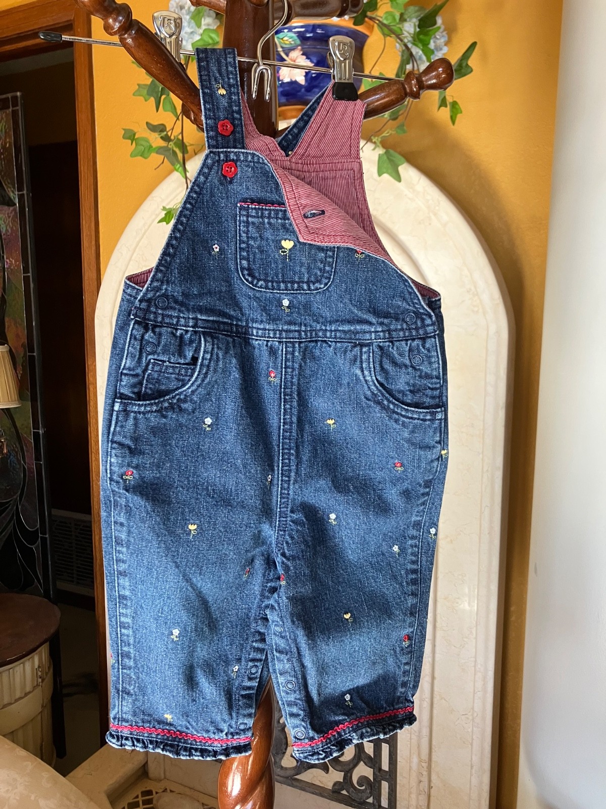 Gymboree 2003 Home on the Range denim jean tulip embroidered lined overalls 6-12