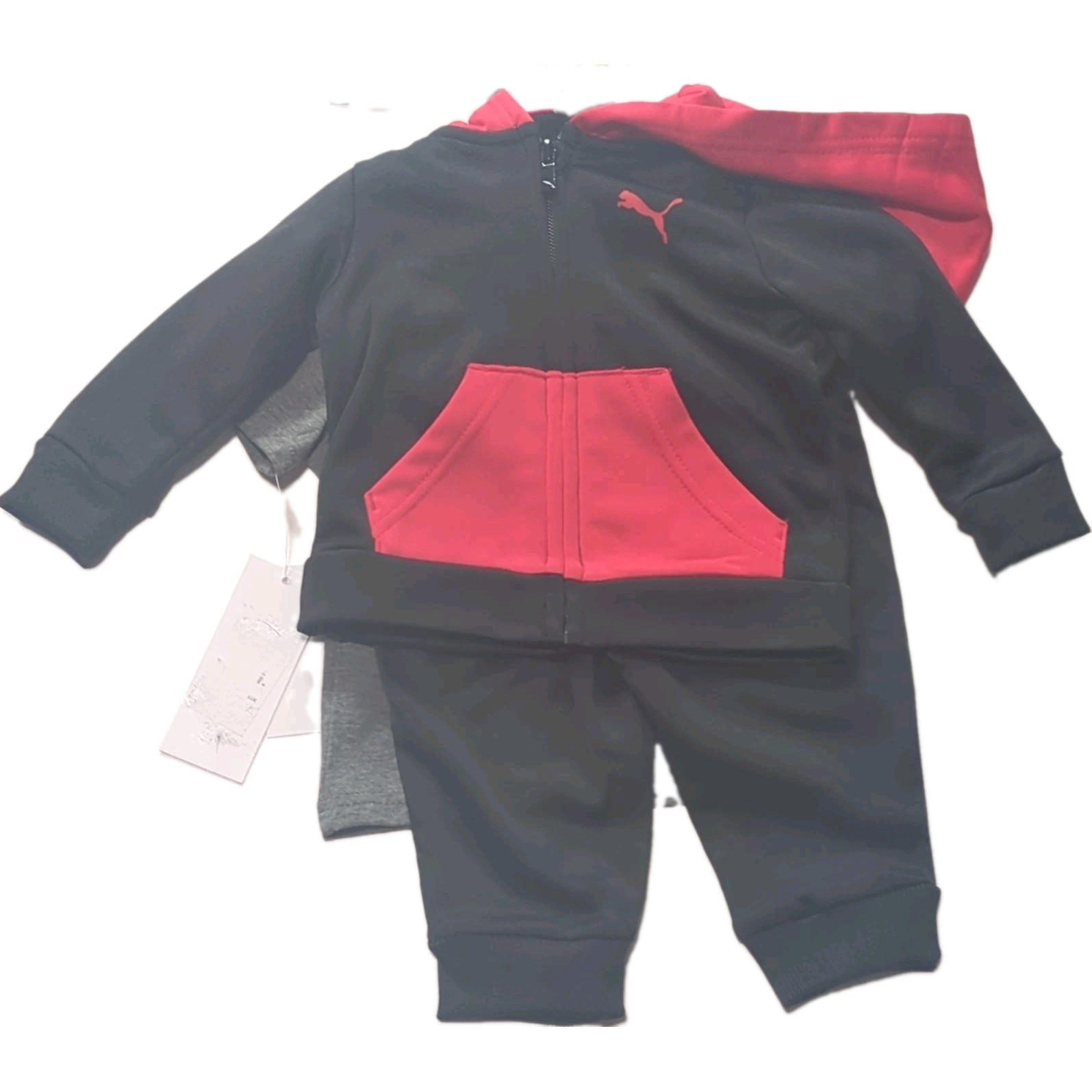 PUMA 3 Piece Hoodie T-Shirt Pants Set Black Red Gray 3-6M Outfit NWT