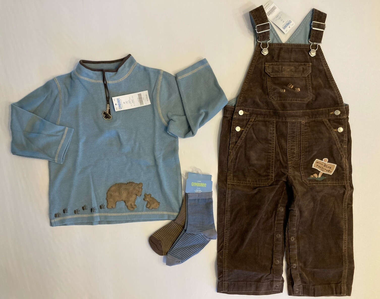 NWT Gymboree Camp Scout 3 3T Brown Corduroy Overalls Blue Bear Sweater & Socks