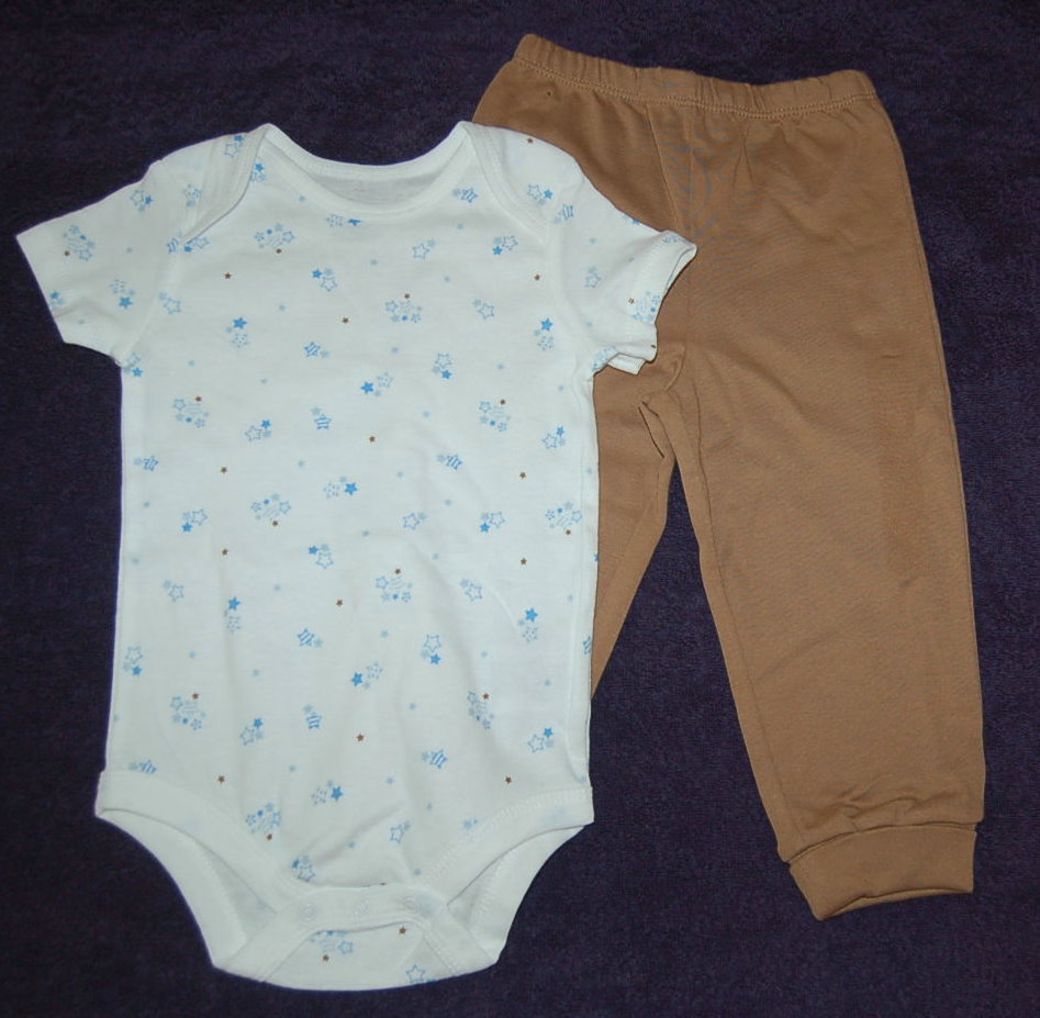 Toddler Boys Bodysuit White Blue Stars BROWN PANTS Snap Crotch 24 Months