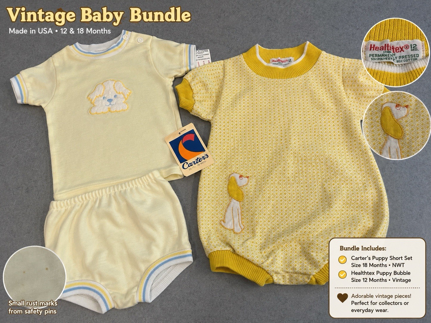 Vintage Carter’s/Healthtex Puppy Dog Yelp Baby Outfit Bundle 12-18M Made US