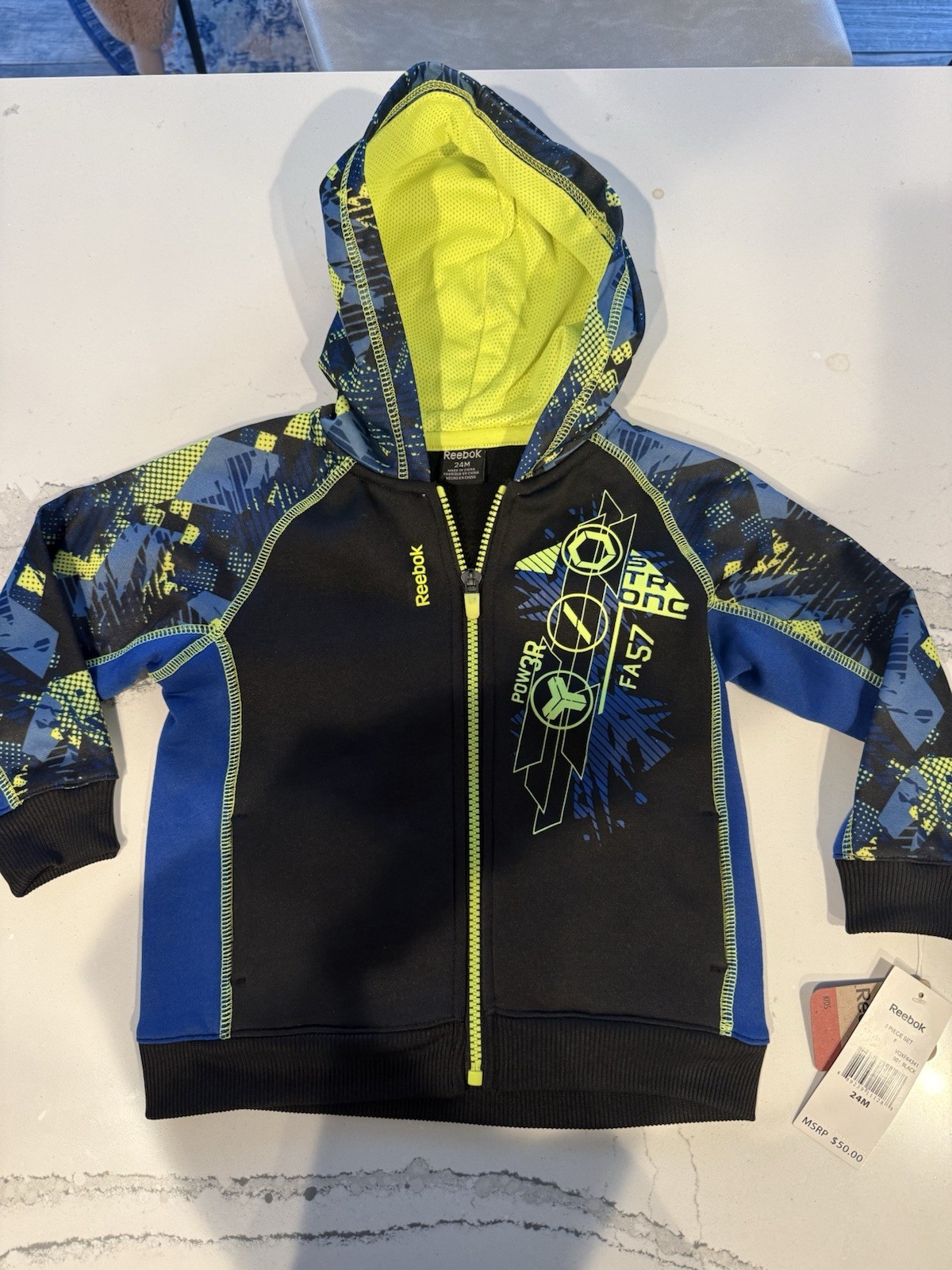 Reebok Hooded Jacket & Pants Set 24M Black Blue Yellow Abstract Logo Zip 2 Piece