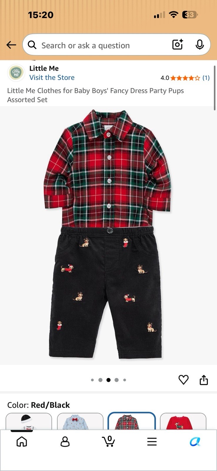 Little Me 2pc Plaid Long Sleeve Bodysuit & Corduroy Pants Set 9M Dog
