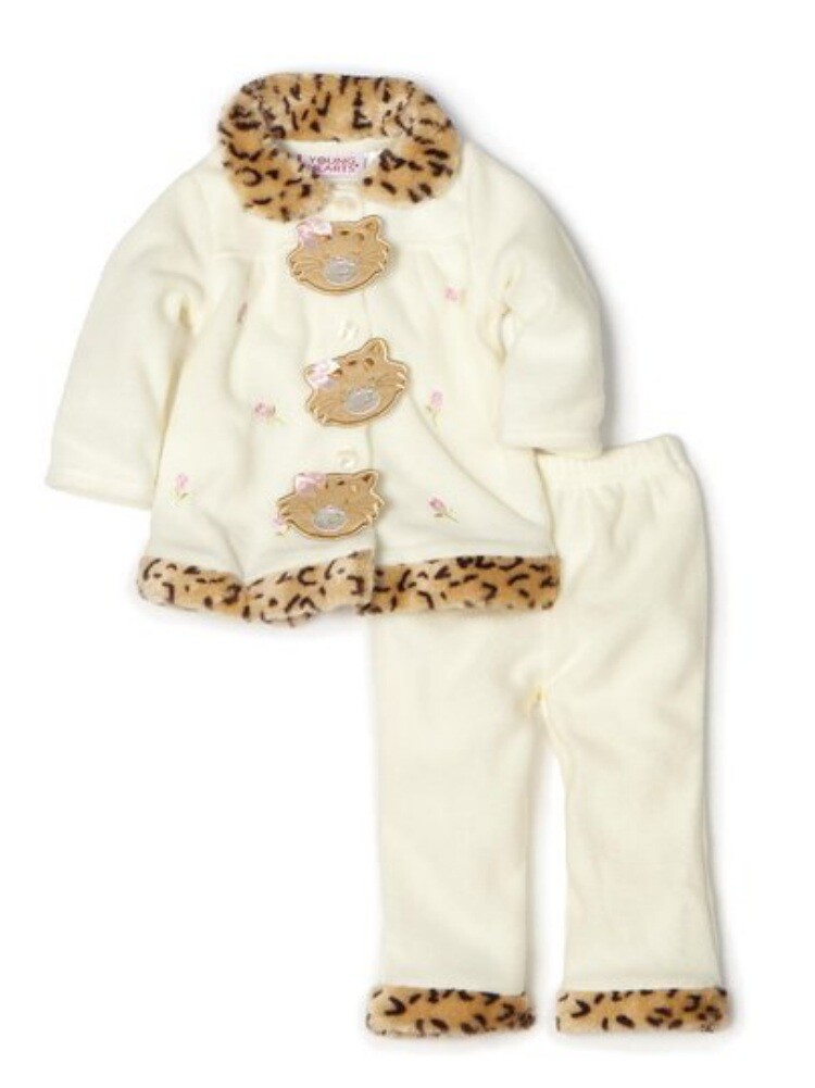 Young Hearts Toddler Girls 2 PC Set Ivory Leopard Kitty Jacket Pants 2T