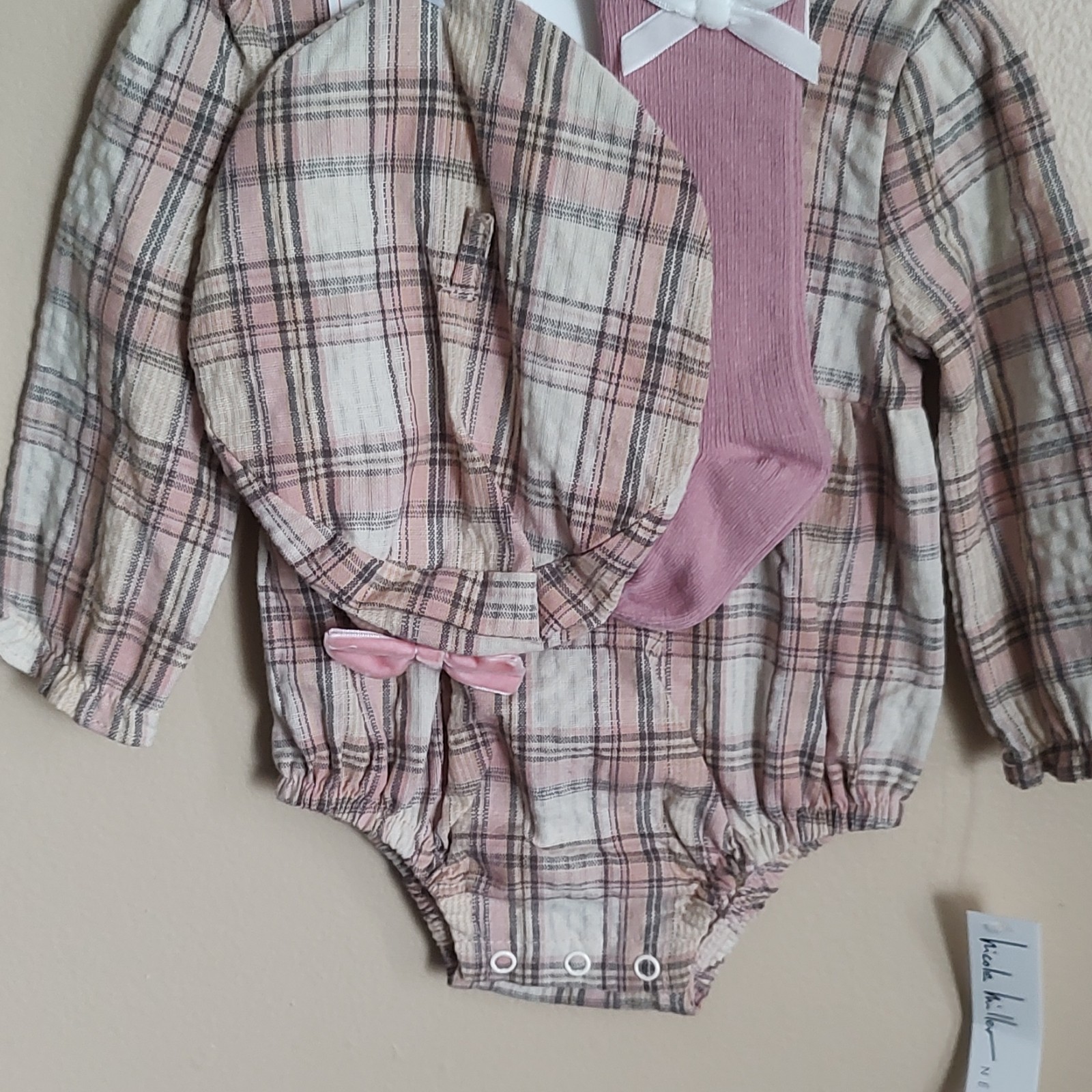 Nicole Miller 2 Piece Girls Plaid Romper Set with Hat, Bow Accents, 3-6M