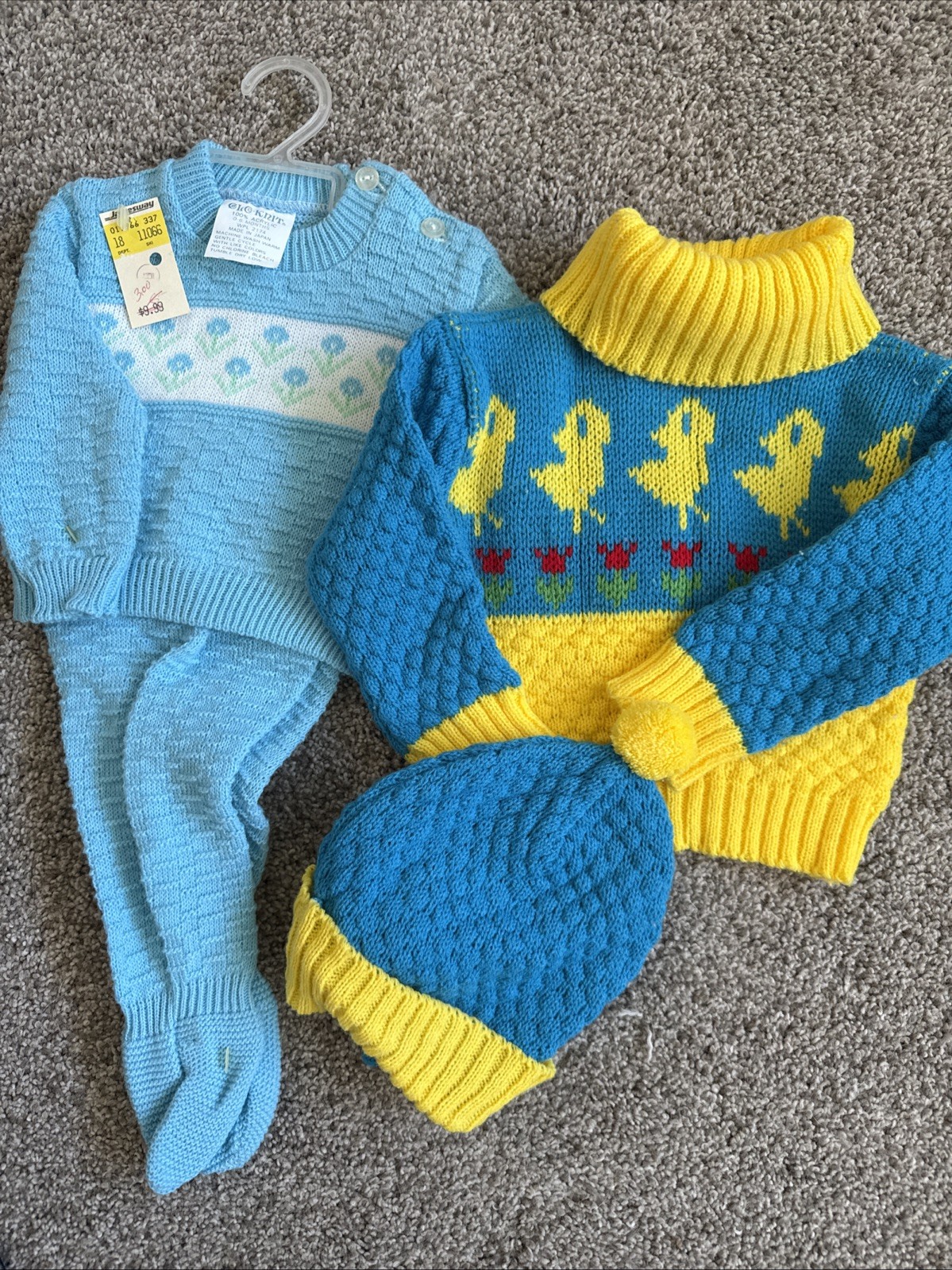 VINTAGE Girls GLO- KNIT 2 PC OUTFIT BABY 0-6m Japan NWT & 18m Sweater Hat Set