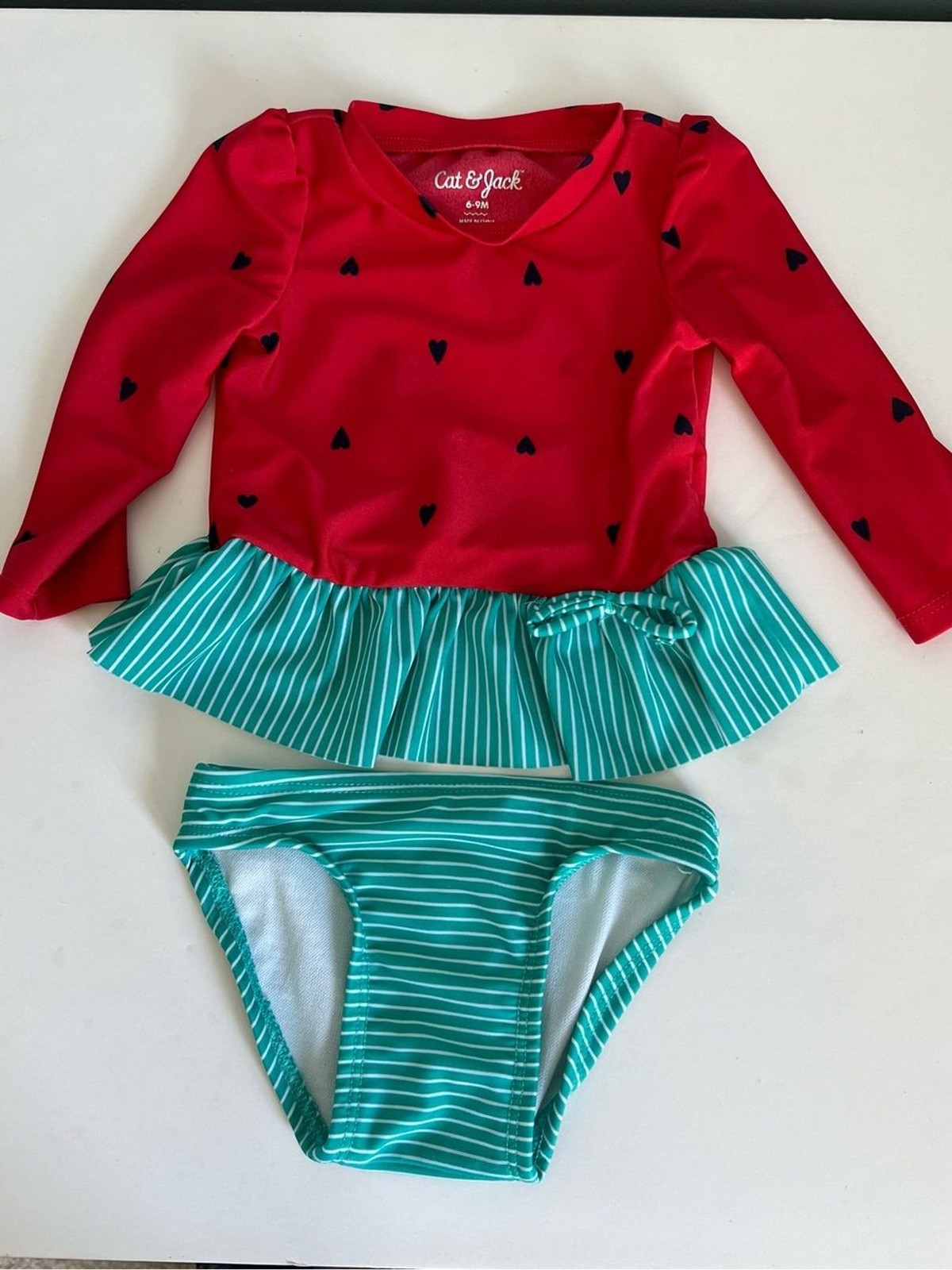 Cat & Jack Red Heart Rash Guard Swim Set with Teal Striped Skirted Bottom 6-9 Mo