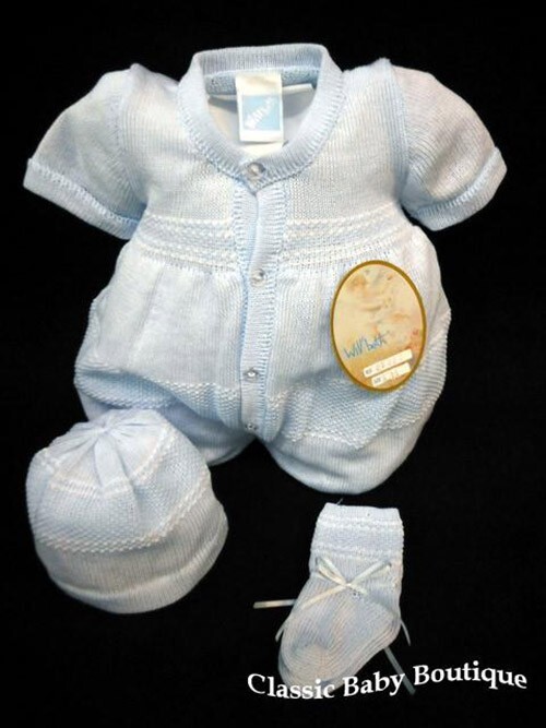 NWT Will’beth Blue Knit Button 3pc Romper 3 Months Baby Boys Hat & Booties 3 M