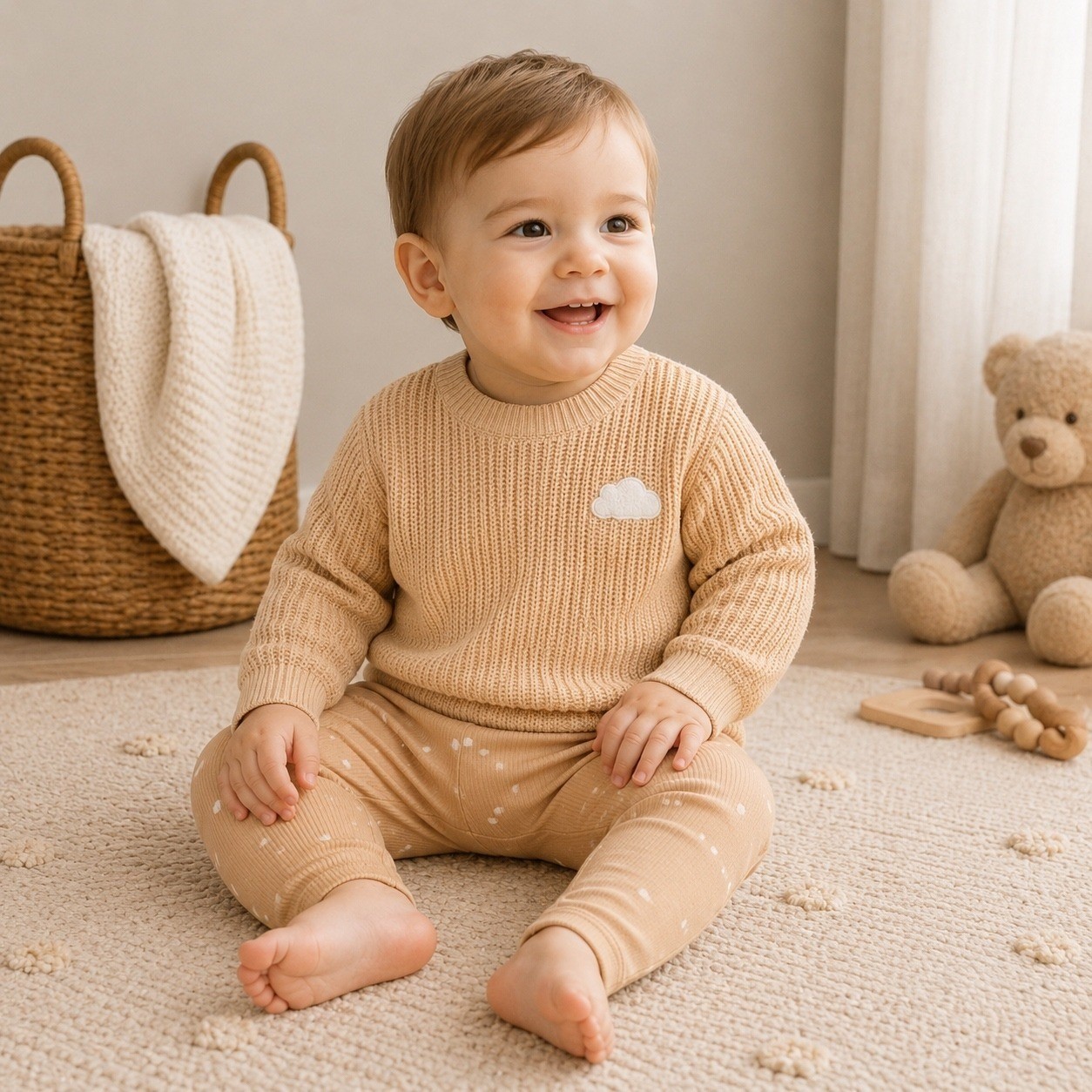 Cloud Island Baby 24M Tan Knit Sweater and Star Print Leggings Set Cloud Patch