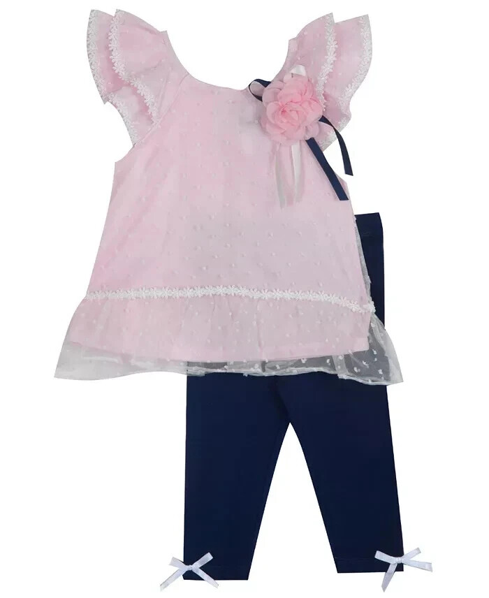 Rare Editions Baby Girls Size 18M Dot Organza Tunic Leggings 2 PC Set Pink Navy