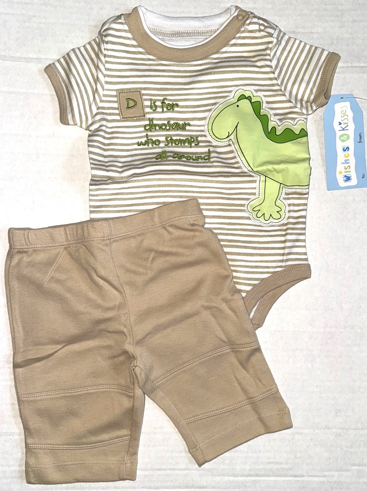WISHES and KISSES 2 piece set tan/white/stripes dino motif size 0-3 months