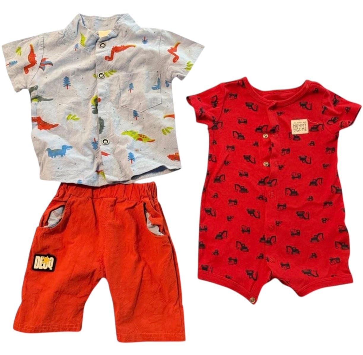 Baby Boy Outfit Lot 3-6M Dino Shirt Shorts Red Romper Construction