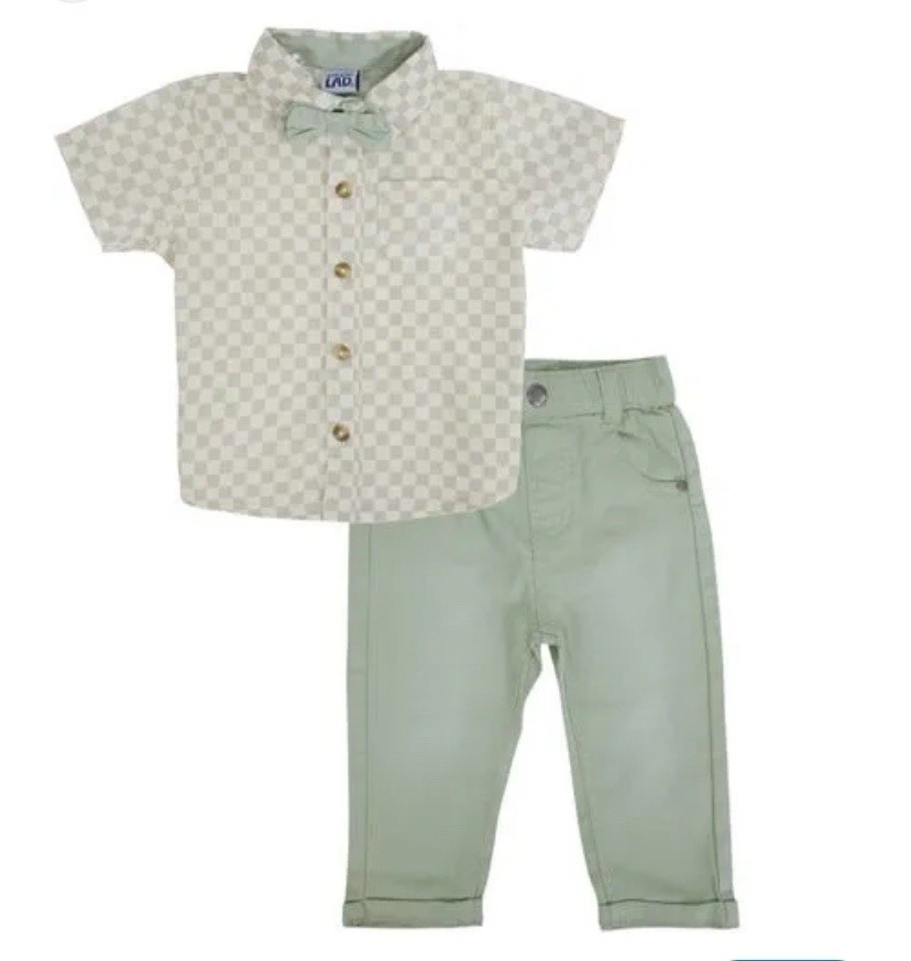 5T Little Lad 2 pieces, Set Boy dress shirt & pants Cream & Green 100% Cotton