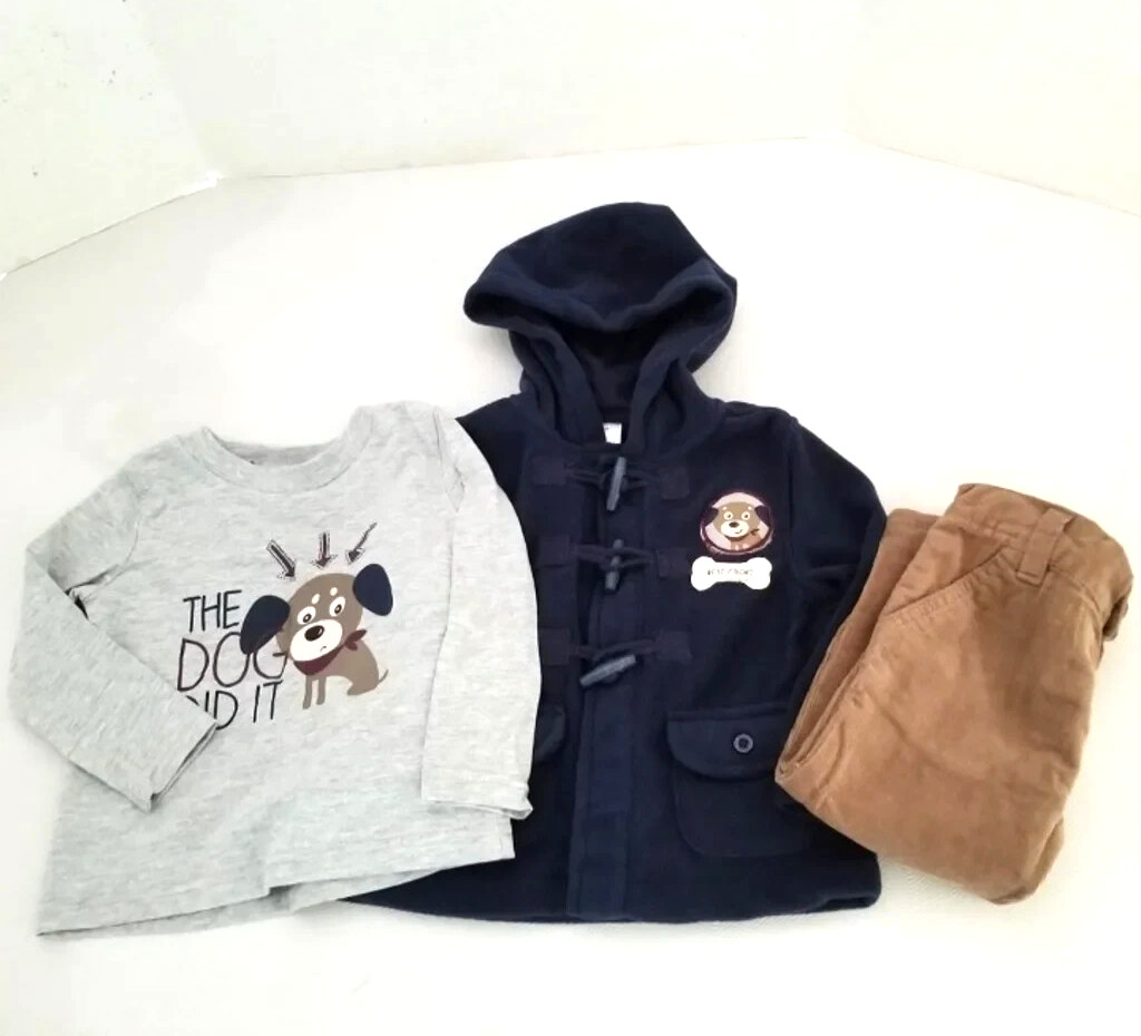 Boys Outfit 18M Hooded Jacket, Cord Pants, Long Sleeve T-Shirt Dog Graphic