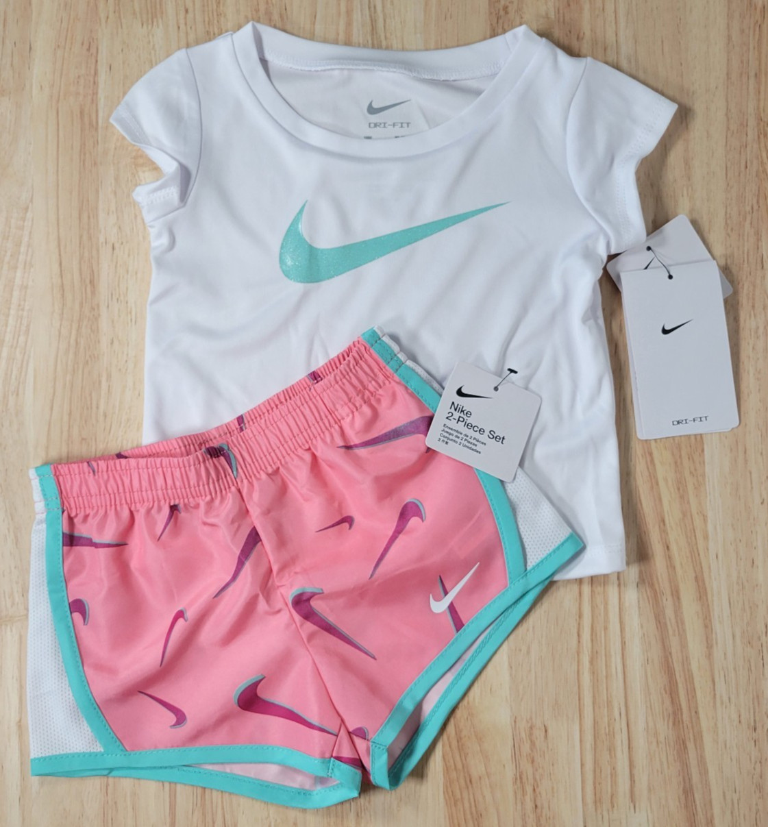 Nike T-Shirt & Shorts Set Baby Girls 18M White Pink Dri-Fit Glitter Swoosh