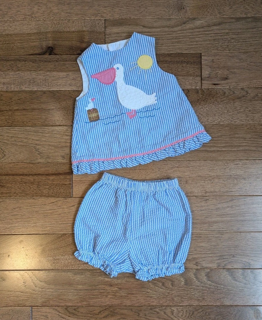 Vintage Bailey Boys 2 Pc Blue Gingham Pelican Seersucker Outfit Set Size 3 Month