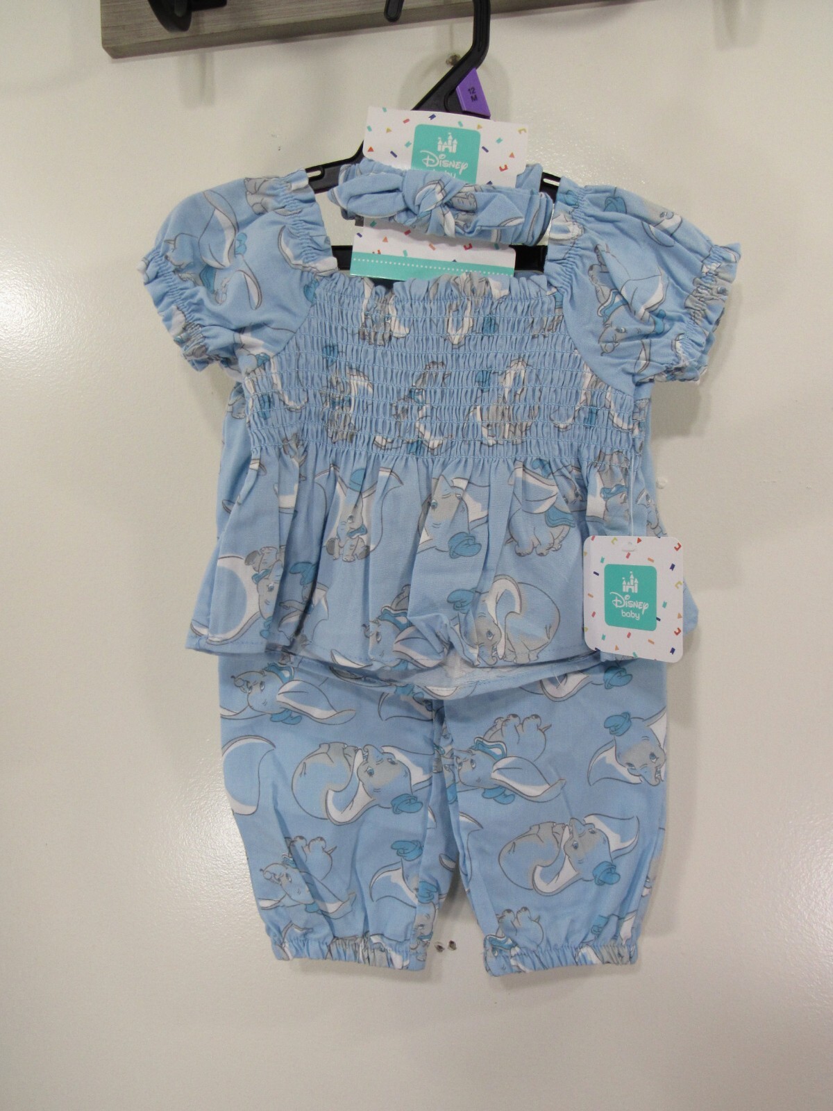New Disney Baby 3 Piece Set Top Pants Hair Bow Size 12 Months Blue Dumbo