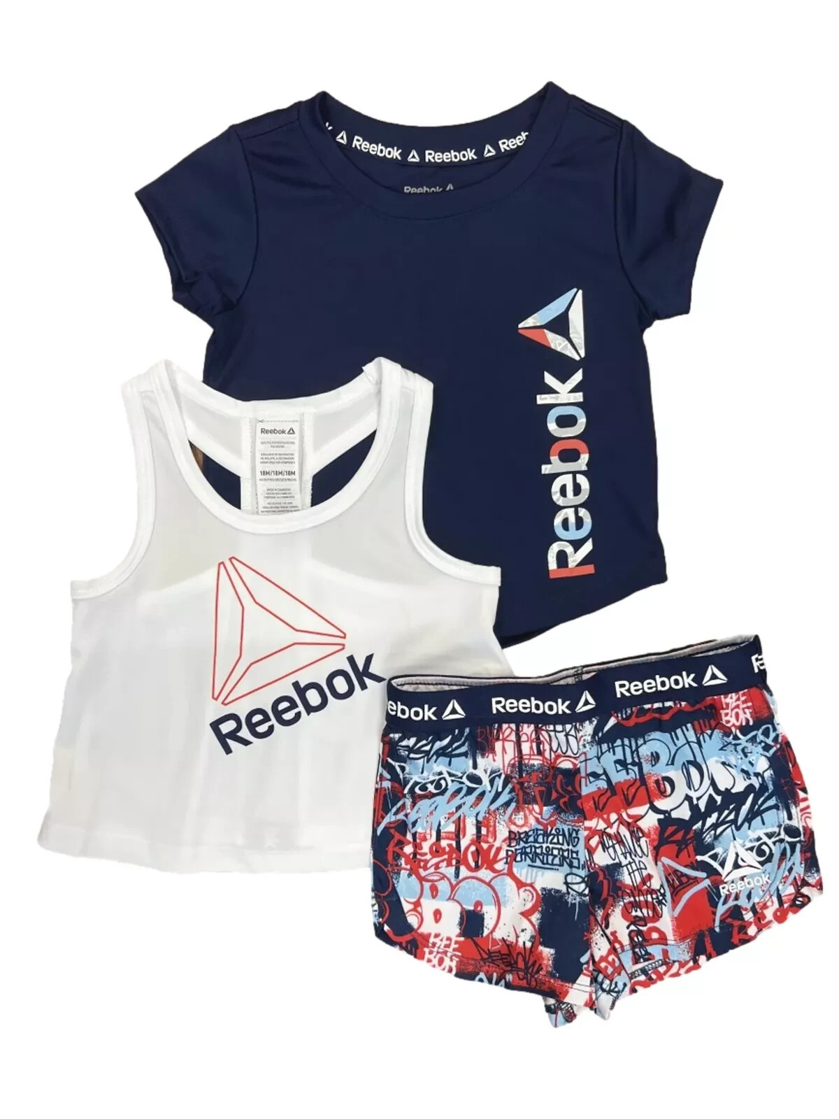 Reebok Toddler Girls Navy Red & White 3pc T-Shirt Tank Top & Shorts Set 12Mth