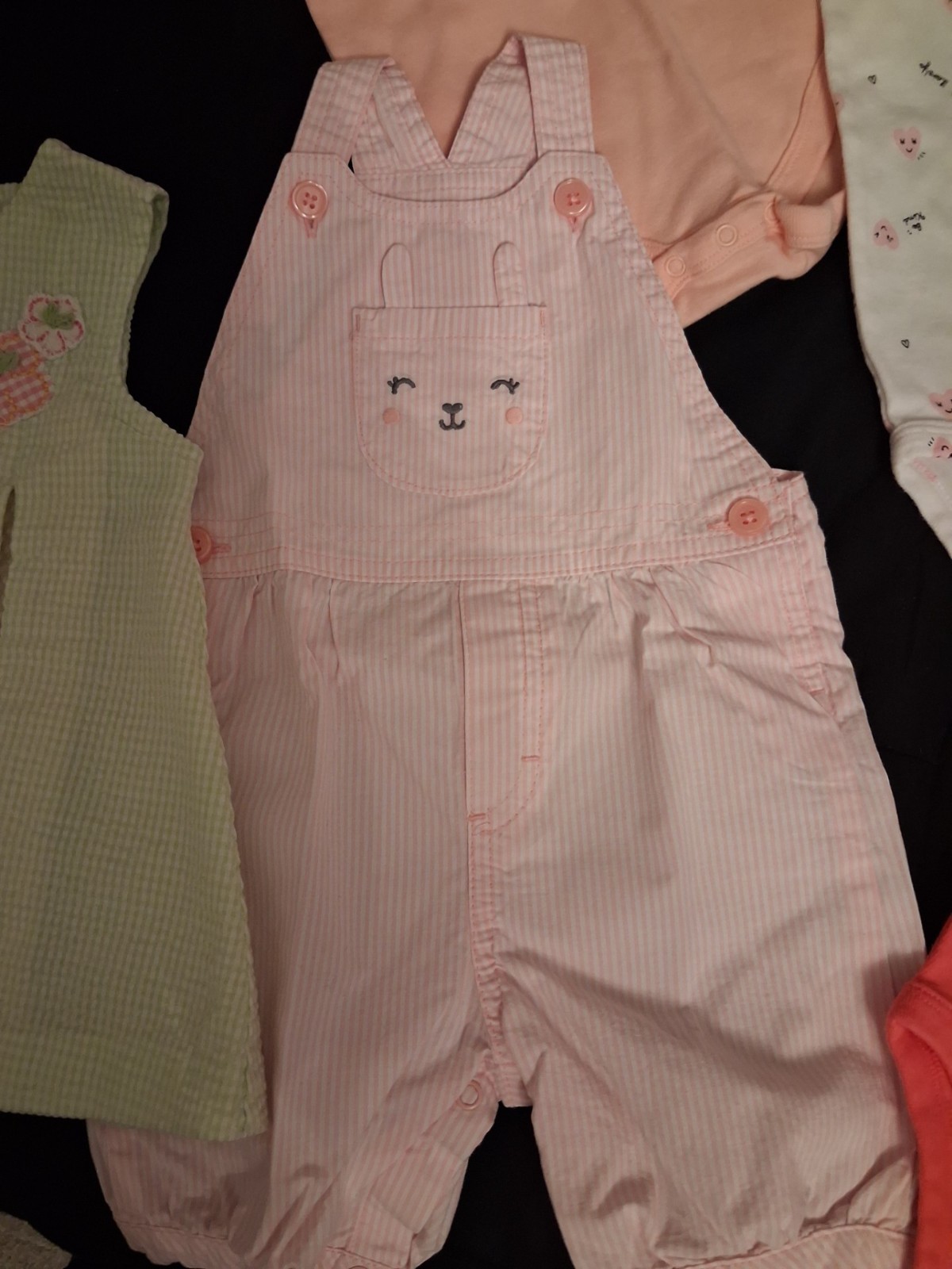 Five 12 month baby girl summer outfits in multi colors and multi labels.