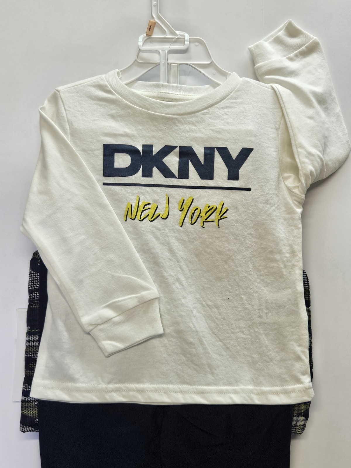 DKNY Size 2 T. Set Of 3, Green- Blue Vest/ Blue Pants/ Cream Long Sleeve Print