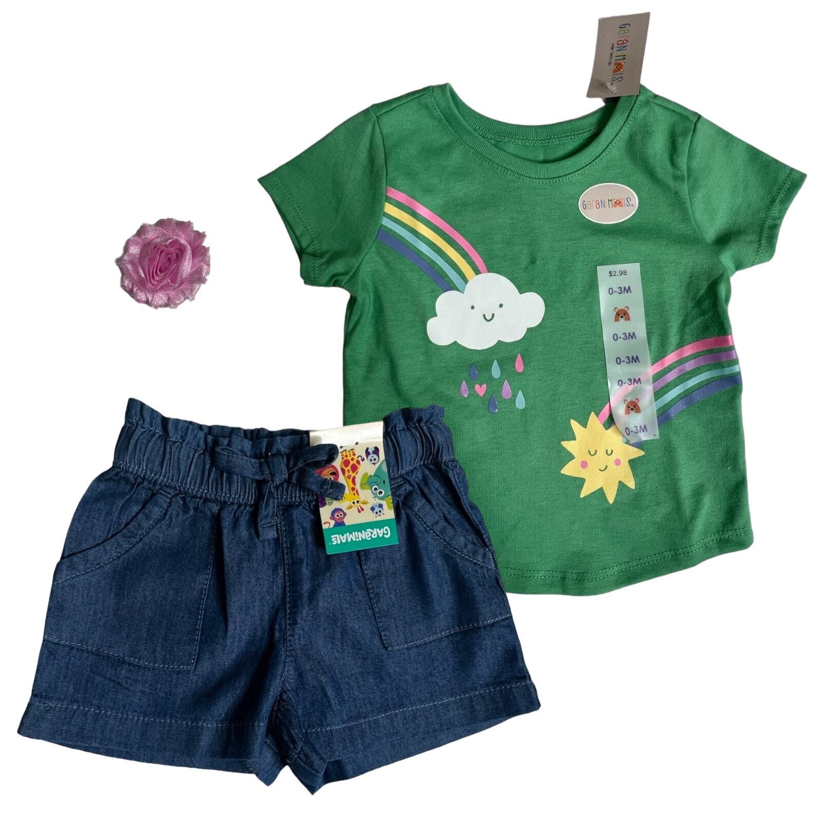 Garanimals Size 0 – 3 Months Baby Girls 2pcs Denim shorts shirt set flower Bow
